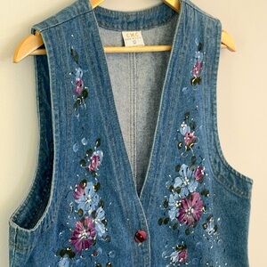 CMC Long Denim Jean Vest with Painted Floral Design Button Down Pockets SZ L